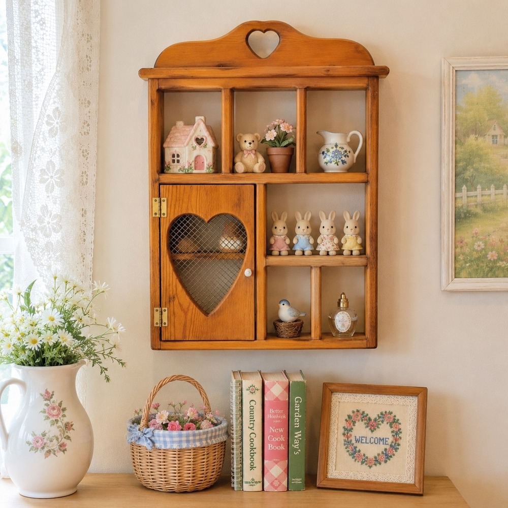 Vintage 1980s Country Heart Curio Shelf Wood Spice Rack Grandmacore Wall Cabinet